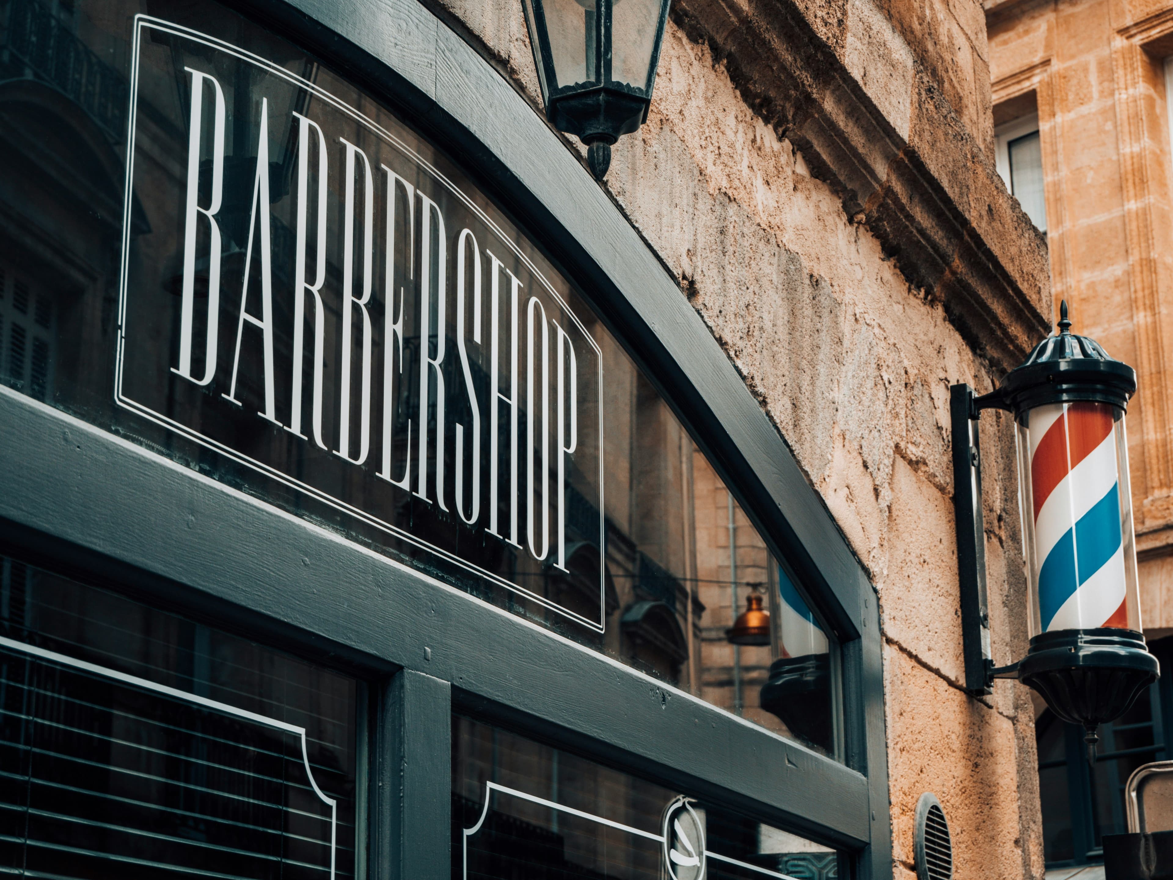 Traditional barbershop storefront and interior details