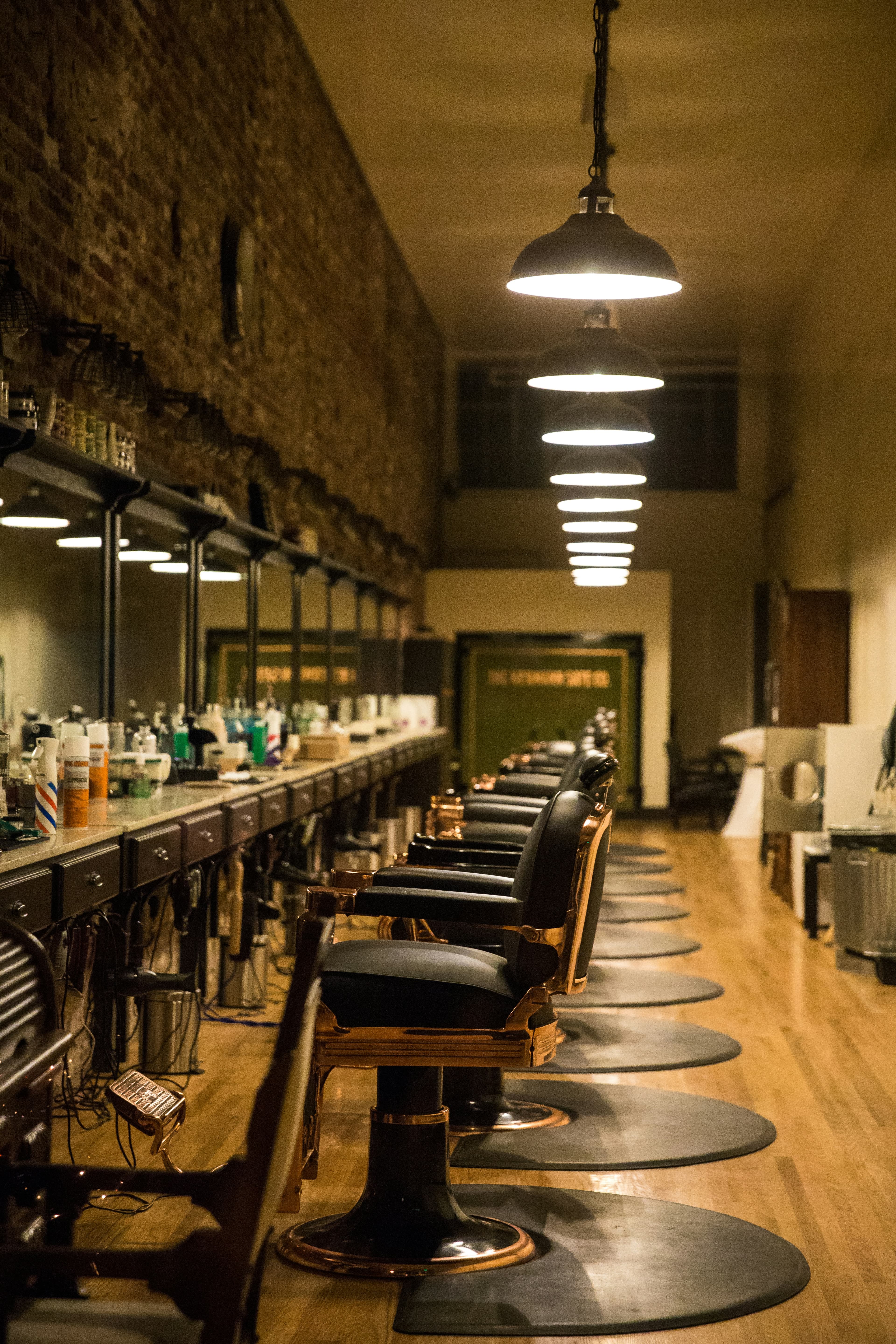 Wide view of a classic barbershop interior