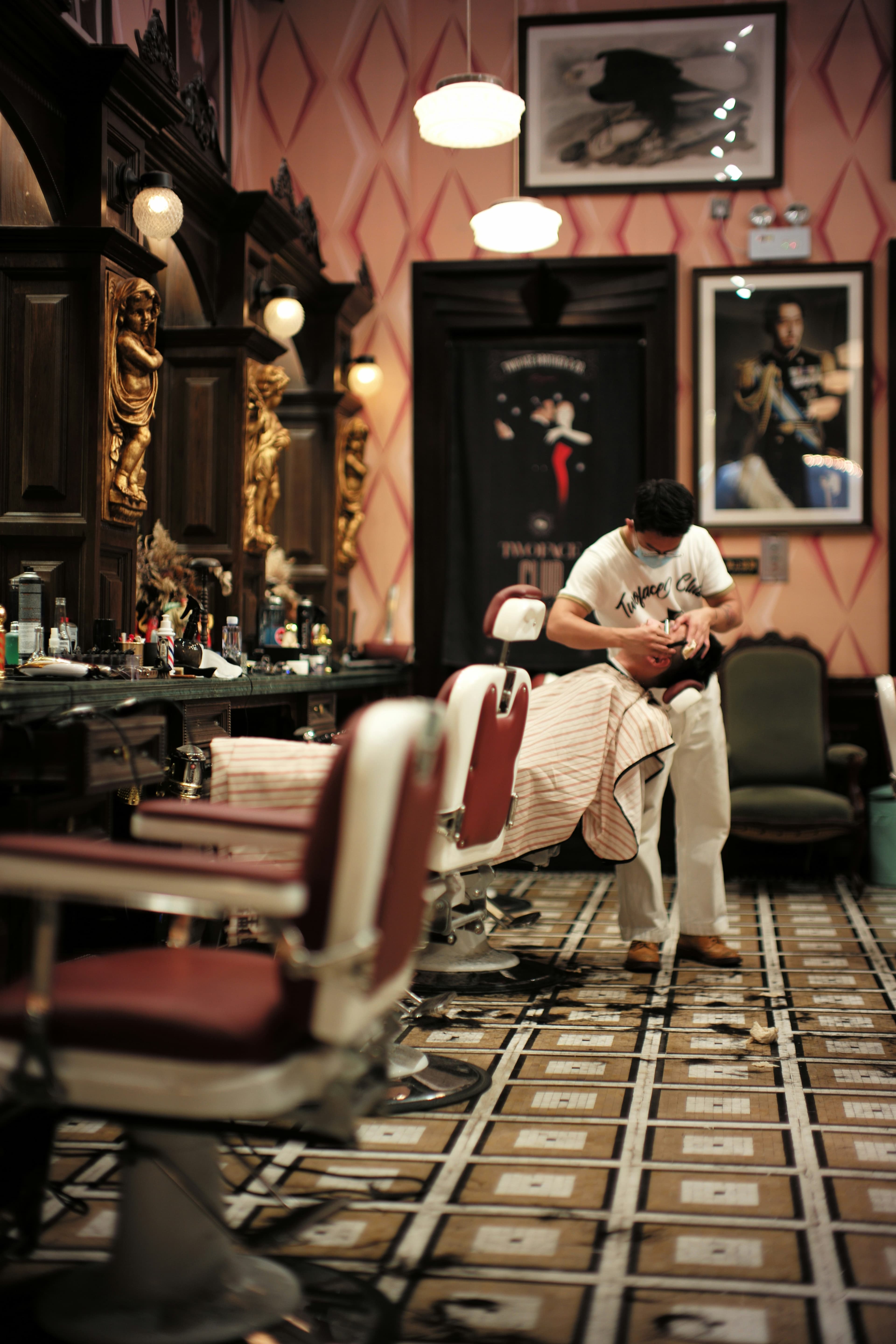 Ornate classic barbershop with vintage chairs